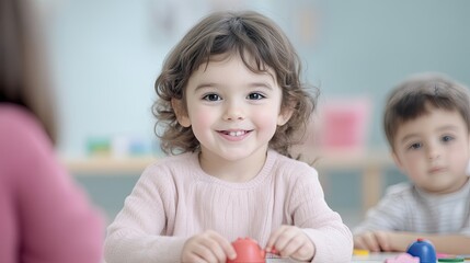 A smiling young girl sits at a table with colorful toys, engaging in a playful learning environment, while another child watches nearby.
