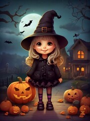 Cute cartoon Halloween witch with wizard hat. Pumpkim scary smile. Halloween day poster card design	