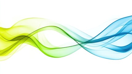 Abstract flowing waves in green and blue tones on a white background.