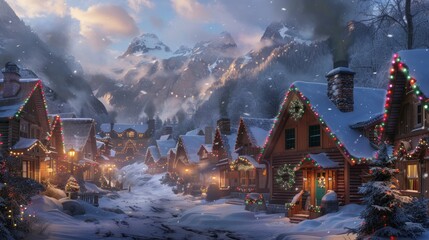 Obraz premium Snowy Village Scene: A Charming Illustration of a Quaint Winter Town