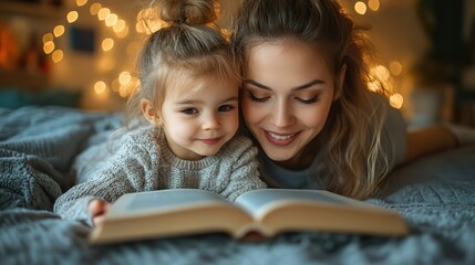 happy mother with her little daughter lying on bed ,reading book in evening at home