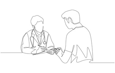 Continuous one line drawing of doctor taking patient's history,  medical service for outpatient concept, single line art.
