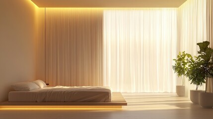 Fototapeta premium A serene bedroom scene with natural light, minimal decor, and indoor plants, creating a calming atmosphere for relaxation.