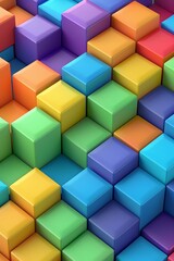 Obraz premium Vivid Multicolor Geometric Cube Pattern: A Dynamic Abstract Backdrop Featuring Interlocking Cubic Shapes in Bold, Contrasting Hues for Creative Visual Impact and Modern Design Aesthetics