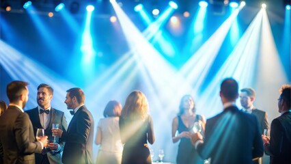 Guests at Award Ceremony Enjoy Cocktails in an Elegant Atmosphere, with a Stage Illuminated by Blue Spotlights in the Background






