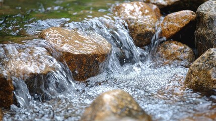 A serene close-up of flowing water over smooth stones, creating a tranquil natural scene perfect for relaxation and mindfulness.