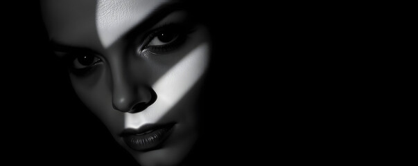 A dramatic portrait of a woman in shadows with striking light patterns