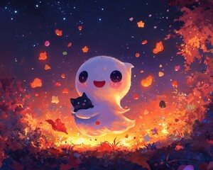 Cheerful Ghost Holding Cat in Autumn Landscape