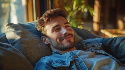 Obraz premium Man on Couch with Eyes Closed