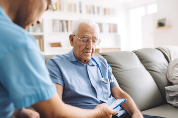 Obraz premium The measuring blood sugar levels in elderly people in a nursing home where an elderly man in a blue shirt