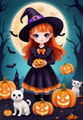 Cute cartoon Halloween witch with wizard hat. Pumpkim scary smile. Halloween day poster card design	