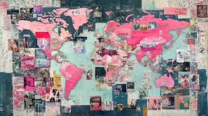 Obraz premium A colorful world map collage featuring various images and textures.