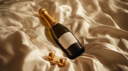 Luxurious champagne bottle on silky golden fabric, perfect for celebrations and special occasions, evoking elegance and sophistication.