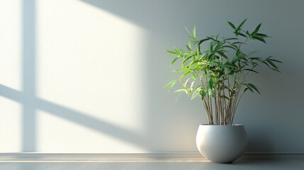 A serene indoor scene featuring a vibrant green plant in a modern pot, casting beautiful shadows on a light wall.
