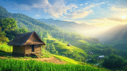 Fototapeta premium A serene landscape featuring a rustic hut surrounded by lush greenery and rolling hills, illuminated by soft sunlight.