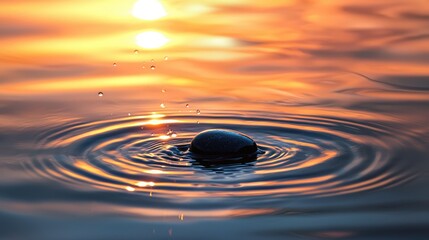 A serene moment capturing a stone creating ripples in water during sunset, reflecting warm hues and tranquil beauty.
