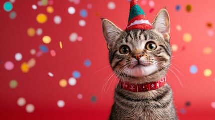 Cute cozy cat Christmas banner with copy space. Cute animal in Xmas costume. Funny portrait of pets. Winter season banner design with place for text.