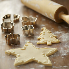 Christmas cookie dough with holiday-shaped cutters and rolling pin