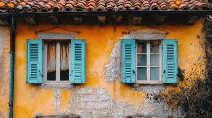Yellow building with blue shutters and red roof