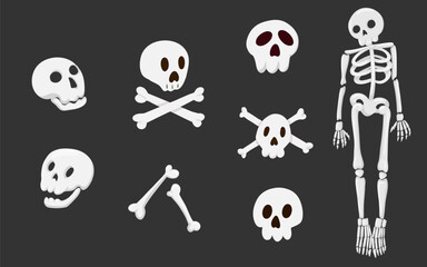 Skeleton vector set with full body skeleton, skulls, bones, crossbones, Jolly Roger pirate symbol. Hand drawn print for decorations, stickers, web