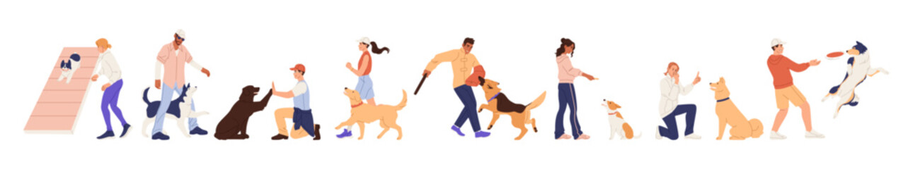 Dog, pet walk. Park puppy training, playground for pets. Jump animal, people run. Area activity friend. Playful woman and man with canine. Vector character cartoon flat style happy scenes illustration