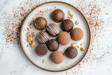 A beautifully arranged plate of assorted chocolates with decorative elements.