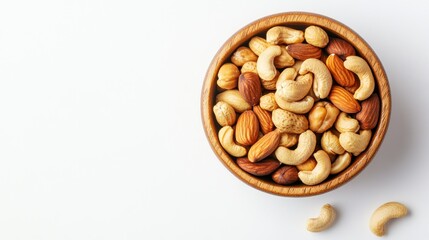 A wooden bowl filled with a variety of mixed nuts on a white background.