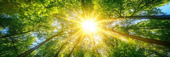 Sunlight shines through the canopy of a dense green forest.