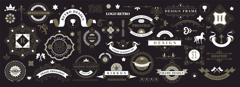 Vintage element logo. Design badge. Classic ornament sticker. Ornate frame. Luxury line shape. Ribbon scroll calligraphic. Decorative botanical label. Old monogram vignette. Vector retro stamps set