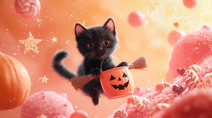 Cute Black Cat Riding Broomstick with Halloween Candy