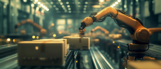Advanced robotic arm sorting packages in a modern warehouse