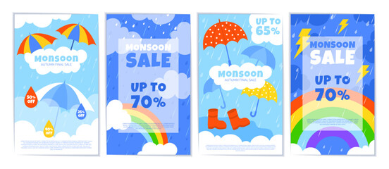 Rain monsoon. Rainy season. Offer day poster. Sky rainbow. Clouds with lightnings. Sale announcement flyer. Water drops. Storm umbrella. Autumn and spring seasonal discount. Vector garish banners set