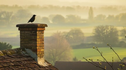 A silhouette of a bird perched on a chimney, overlooking a serene misty landscape at dawn, capturing tranquility and nature's beauty.