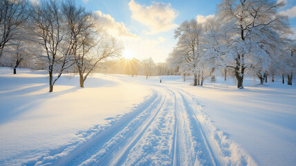Obraz premium Serene winter landscape with sunlit snowy trails