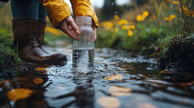 person collecting water sample from stream near an agricultural field
