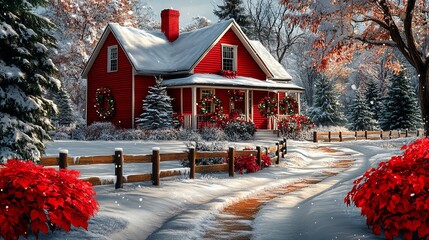 A cozy red house decorated for the holidays sits amidst a snow-covered landscape with falling snowflakes and vibrant red winter plants.