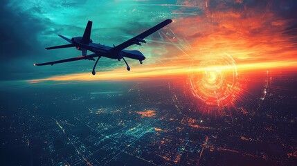 Naklejka premium A stunning aerial view of a drone flying against a vibrant sunset, capturing the essence of technology and nature interplay.