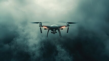 Fototapeta premium A stunning drone hovering in dramatic clouds, showcasing advanced technology and aerial capabilities against a moody backdrop.