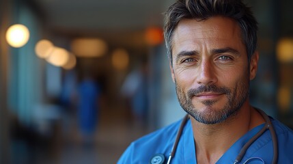 Fototapeta premium portrait of confident er doctor standing in hospital emergency room handsome doctor in scrubs standing in modern private clinic looking at camera
