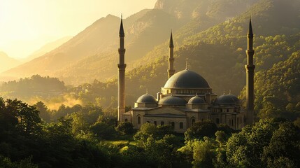 Naklejka premium A stunning mosque surrounded by mountains, glowing in the warm light of sunrise, symbolizing peace and architectural beauty.