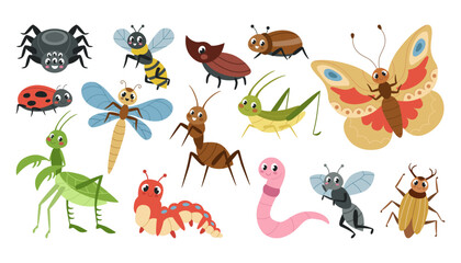 Insect, cute animal. Bug, colorful beetle and ant, butterfly, flying bee, and spider, caterpillar, dragonfly. Kid funny illustration. Character cartoon flat garden isolated colorful vector tidy set © Natalia