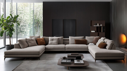 Fototapeta premium Modern Living Room with Large Sectional Sofa and Dark Accent Wall