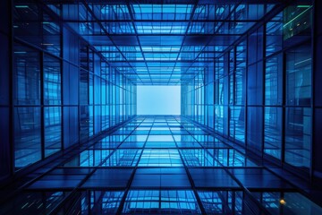 Building Abstract Blue. Architectural Cityscape with Futuristic Business Office Interior