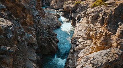 A stunning view of a serene river flowing through rugged cliffs, showcasing the beauty of nature and tranquil water.