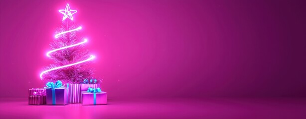 A vibrant pink Christmas tree adorned with glowing lights, surrounded by beautifully wrapped presents, creates a festive atmosphere.