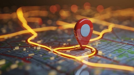 City map with red GPS pin at central location between East First to Fourth Streets. Warm tones and golden glow create welcoming atmosphere.