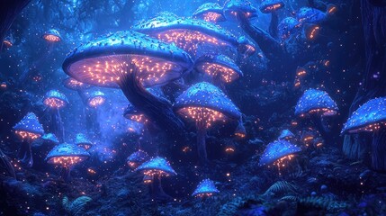 A surreal scene of glowing mushrooms in a mystical forest, creating an enchanting atmosphere with vibrant colors.