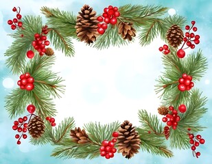 A festive holiday christmas frame decorated with pine branches, pine cones, and bright red berries