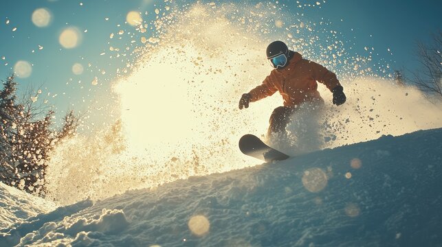 A thrilling snowboarding action shot capturing a rider racing down a snowy slope under a bright, beautiful sky.