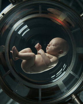 Test tube baby in a glass chamber. Cloning and bioethics concept art. 